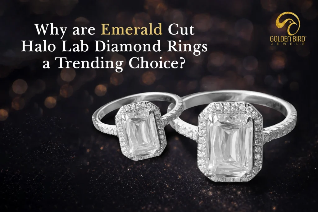 Emerald cut halo lab diamond rings trending at Golden Bird Jewels