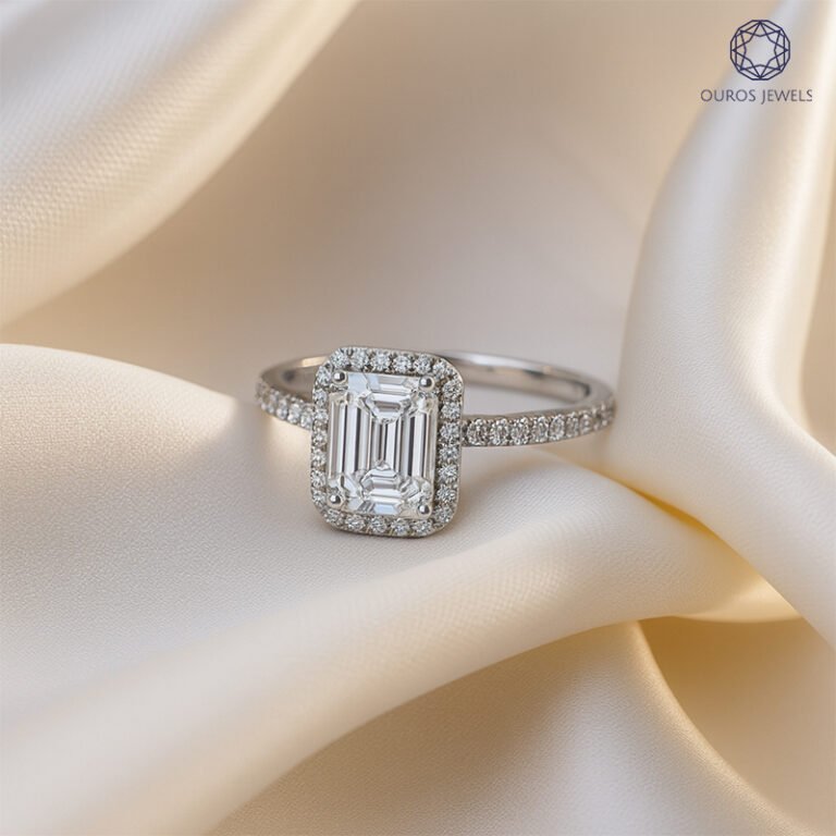 Emerald cut lab grown diamond halo engagement ring highlighting modern fashion essential