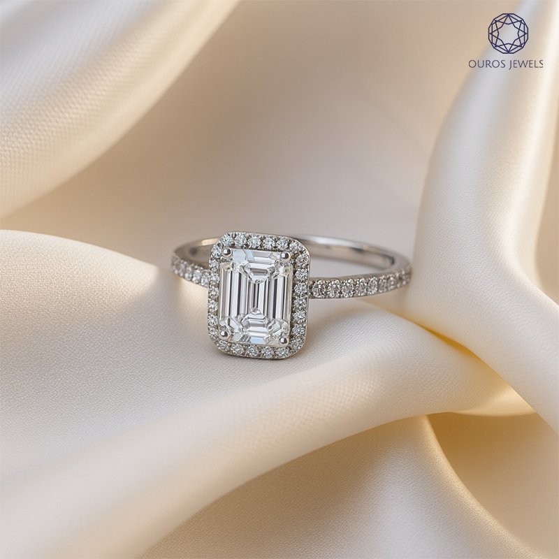Emerald cut lab grown diamond halo engagement ring highlighting modern fashion essential