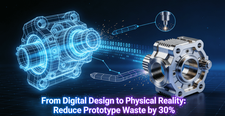 A composite image showing a glowing 3D CAD model transforming into a precise physical metal part via CNC machining, with digital data streams connecting them.